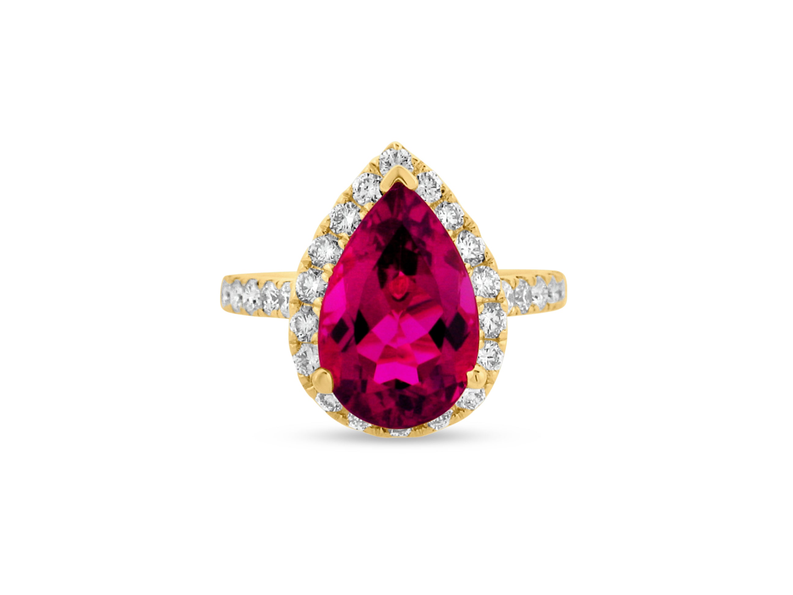 PRIVE' 18K YELLOW GOLD 4.28CT A+ PINK TOURMALINE PEAR SHAPE SURROUNDED BY 1.03CT VS/SI CLARITY AND G COLOR ACCENT NATURAL DIAMONDS.