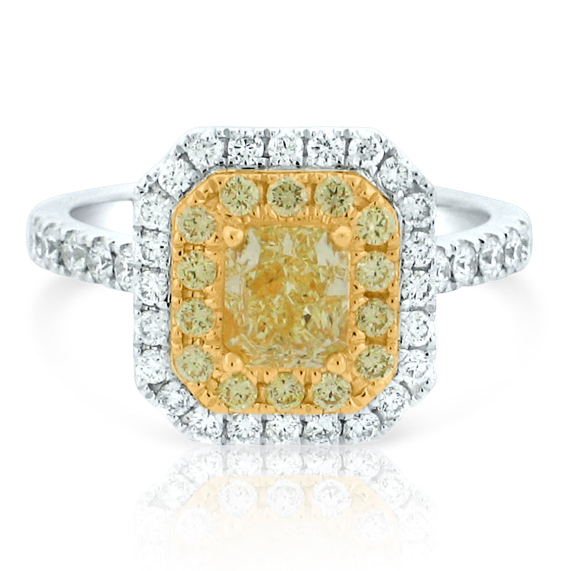 MULLOYS PRIVE'18K YELLOW AND WHITE GOLD  1.01CT FANCY YELLOW CENTER RADIANT CUT AND .23CT FANCY YELLOW SURROUNDING AND  .50CT VS-SI-G WHITE DIAMONDS R25741X