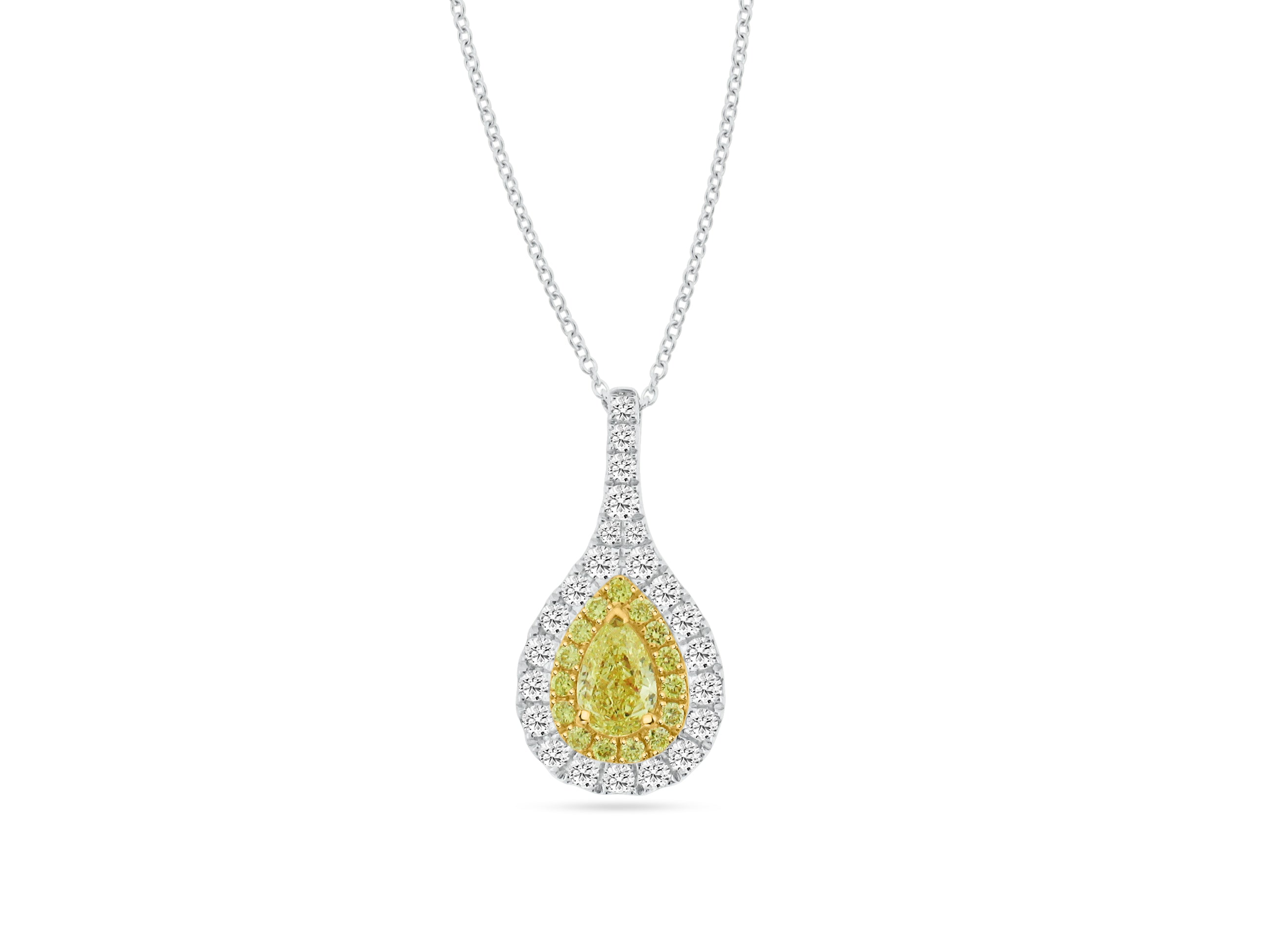 MULLOYS PRIVE'18K YELLOW AND WHITE GOLD .72CT FANCY YELLOW PEAR SHAPE .47CT VS-SI CLARITY G COLOR DIAMOND PENDANT INCLUDING CHAIN