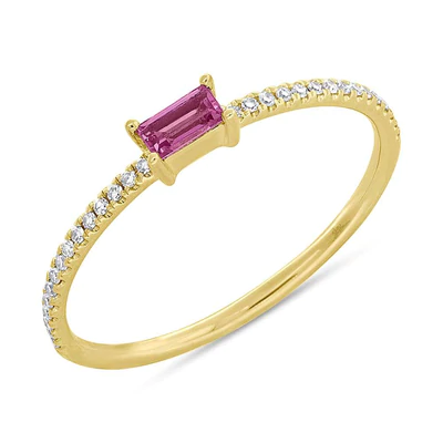 14K YELLOW GOLD BAND PINK SAPHIRE & DIAMOND STACKABLE FASHION RING