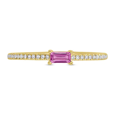 14K YELLOW GOLD BAND PINK SAPHIRE & DIAMOND STACKABLE FASHION RING
