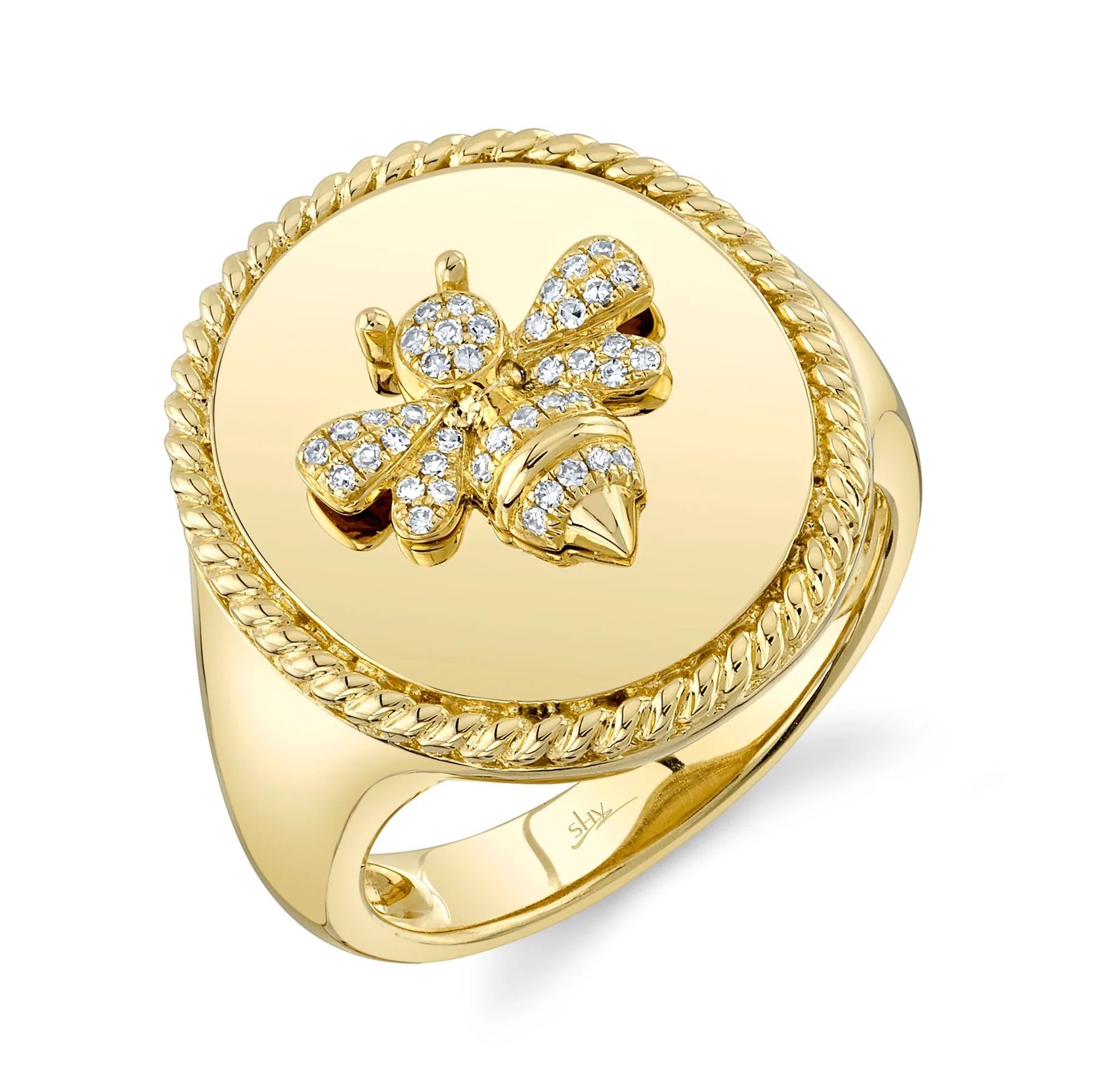 14K YELLOW GOLD AND DIAMOND BEE SIGNET RING .09CT