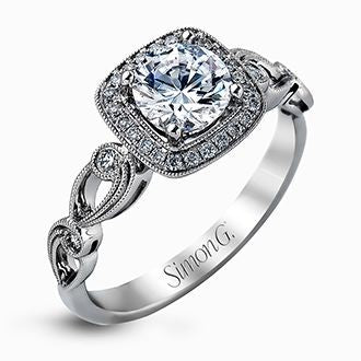 SIMON G PLATINUM 0.16CT VS/G DIAMOND ENGAGEMENT RING MOUNTING WITH .85CT A+ SAPPHIRE CUSHION.
