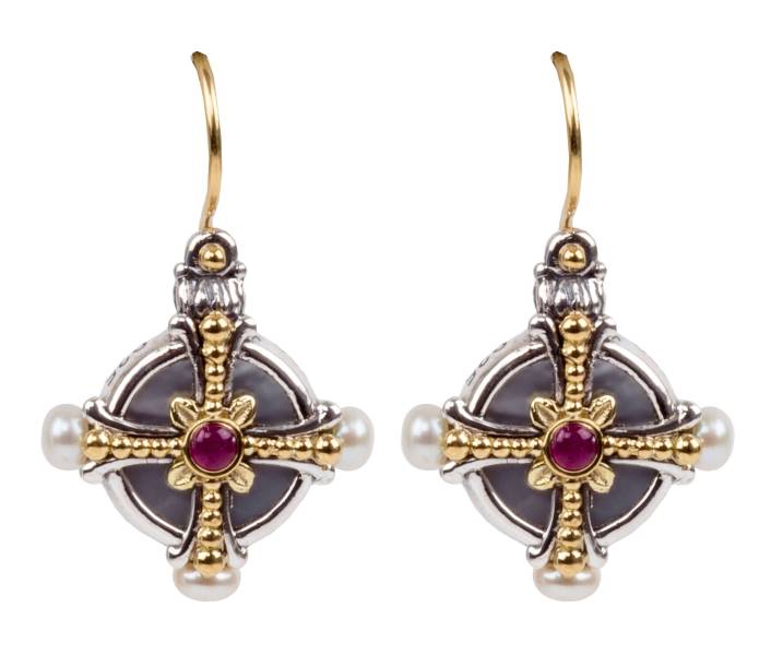 KONSTANTINO STERLING SILVER & 18K GOLD EARRINGS MOTHER OF PEARL PEARL RUBY FROM THE HESTIA COLLECTION