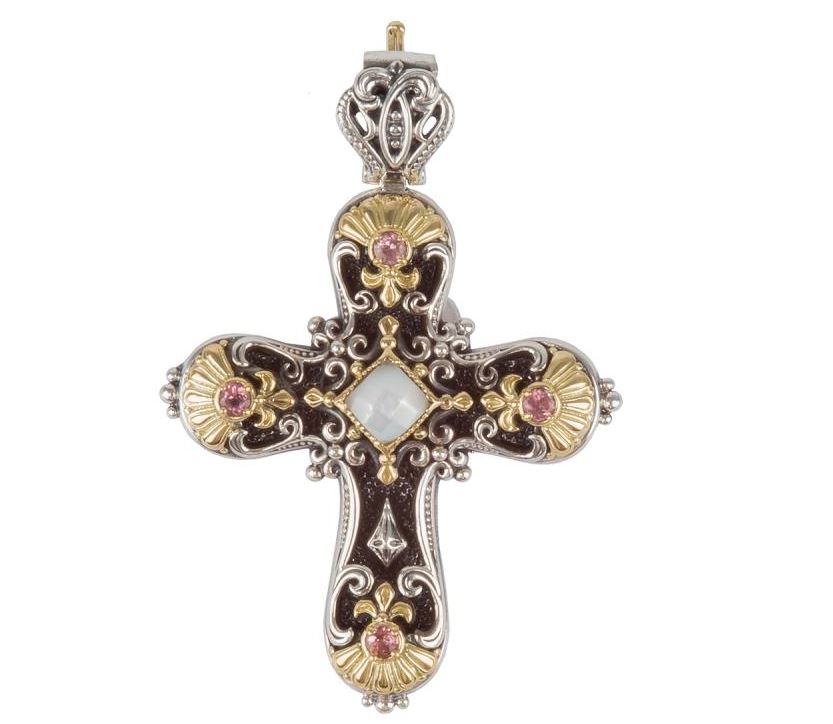 Sterling Silver & 18K Gold MOTHER OF PEARL PINK TOURMALINE Cross Pendant