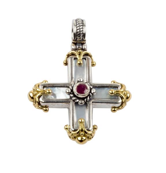 KONSTANTINO STERLING SILVER & 18K GOLD CROSS MOTHER OF PEARL RUBY FROM THE PYTHIA COLLECTION