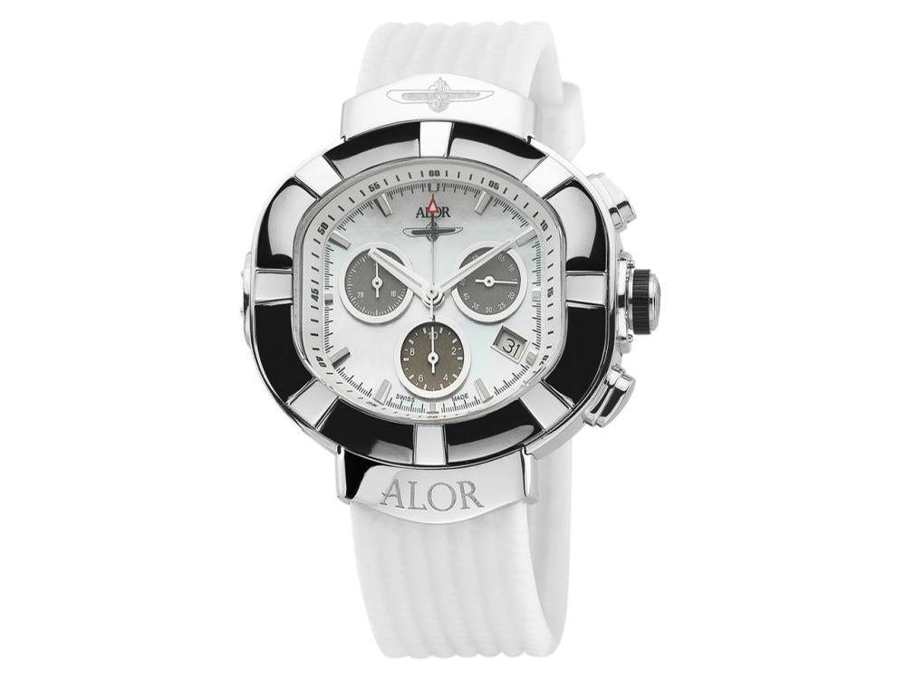 Alor 45mm Stainless Steel Black PVD bezel, White Chronograph dial with grey markers, curved sapphire crystal, screw down crown on a White Rubber Strap. Water resistant to 5ATM.