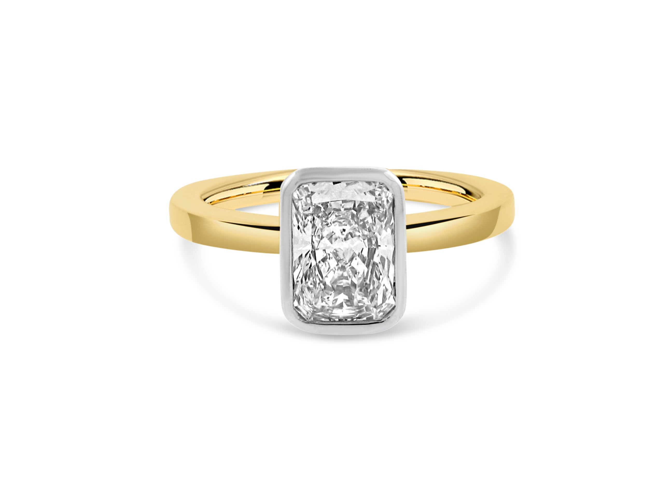 PRIVE' 18K YELLOW AND WHITE GOLD 1.54CT SWAROVSKI  LAB GROWN RADIANT CUT DIAMOND RING WITH .10CTSI/G ACCENTS.