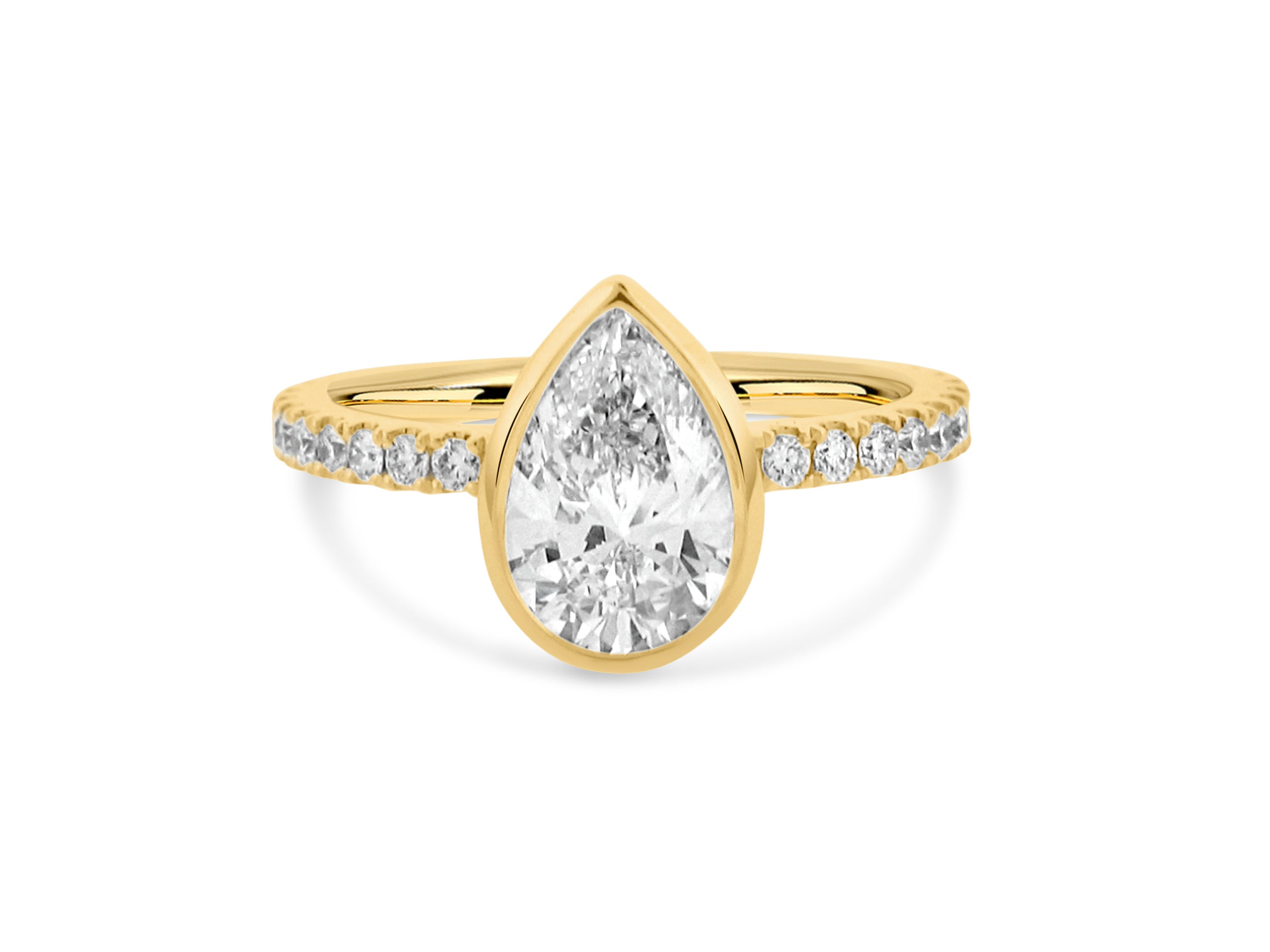 PRIVE' 18K YELLOW GOLD 1.50CT SI1 CLARITY AND E COLOR PEAR SHAPED LAB GROWN SWAROVSKI DIAMOND.  CERTIFIED. .28CT SI-G ACCENT NATURAL DIAMONDS