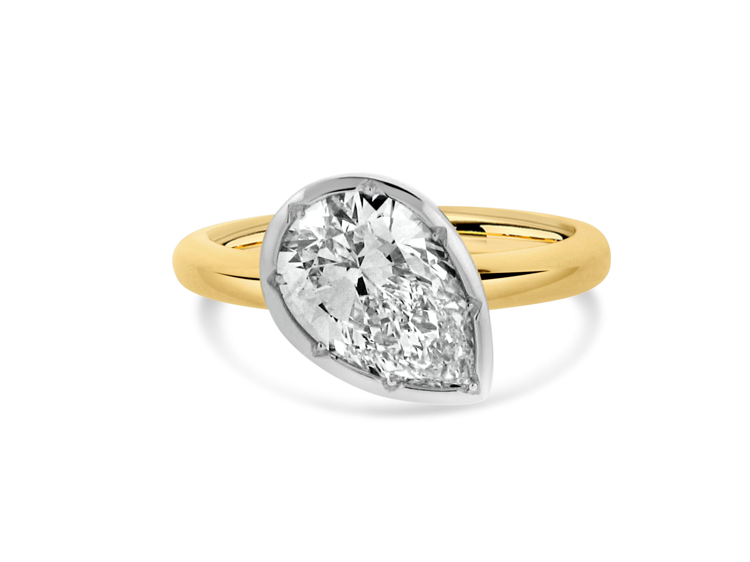 PRIVE' 18K YELLOW AND WHITE GOLD BEZEL SET "ABSTRACT" 2.03CT PEAR SHAPED SWAROVSKI LAB GROWN CERTIFIED DIAMOND