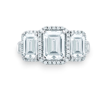 A.JAFFE CLASSICS CLASSIC THREE STONE EMERALD CUT HALO ENGAGEMENT RING 2.34             (not includi