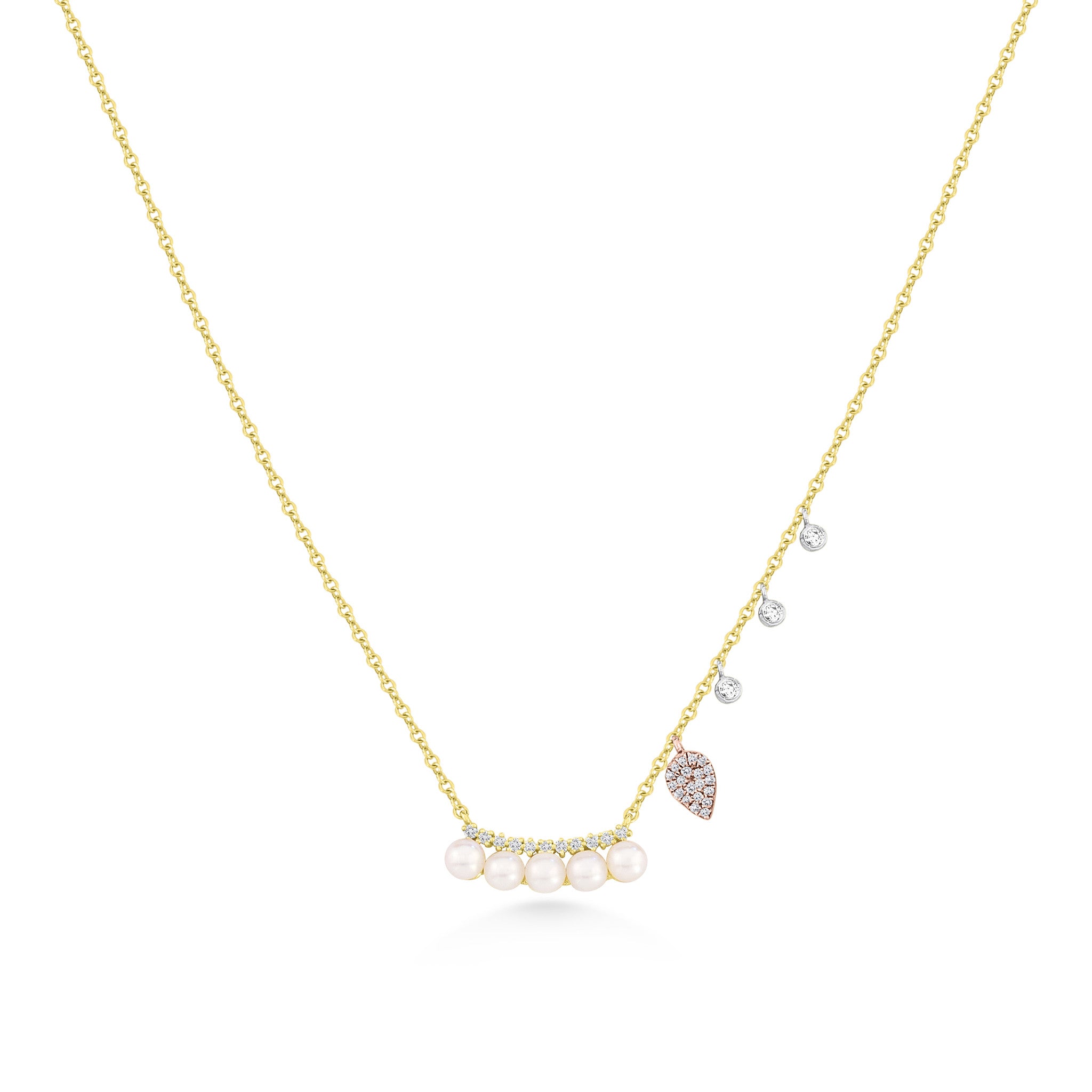 Meira T 14k Yellow Gold Pearl Necklace with Rose Gold Charms and Diamond Bezels