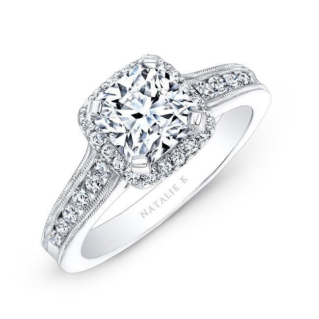 Natalie K  18k White Gold Channel Set Diamond Halo Engagement Ring (center stone sold separately)