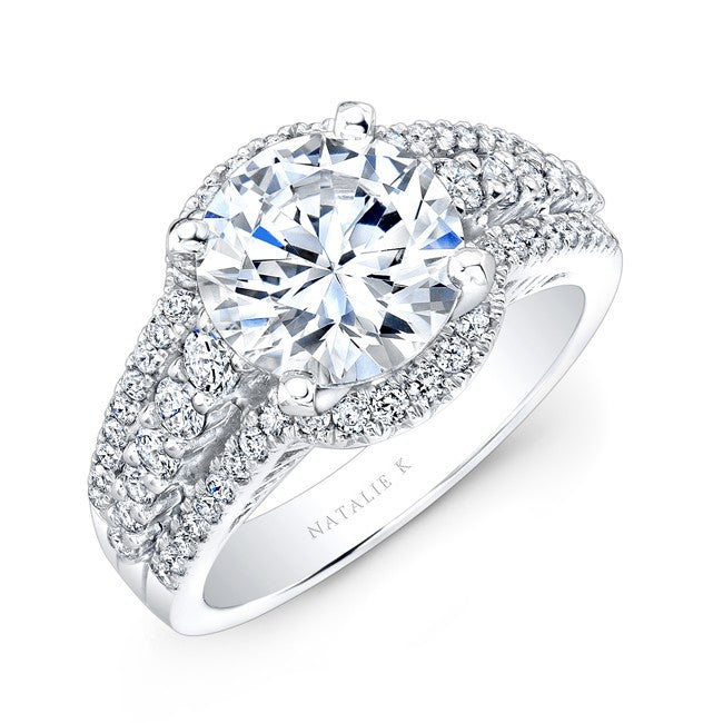 Natalie K  18k White Gold Halo Swirl Diamond Semi Mount Engagement Ring (center stone sold separately)