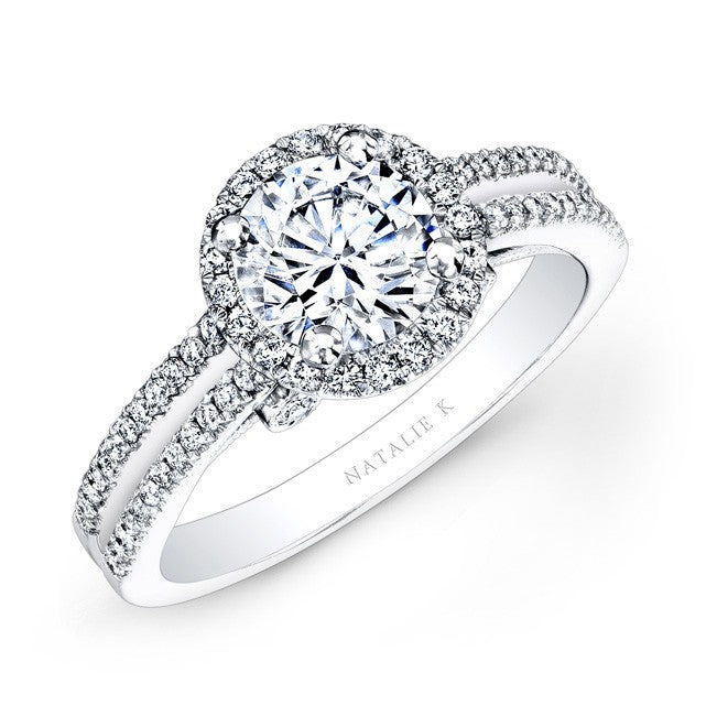 Natalie K  18k White Gold Split Shank Halo Diamond Engagement Ring (center stone sold separately)