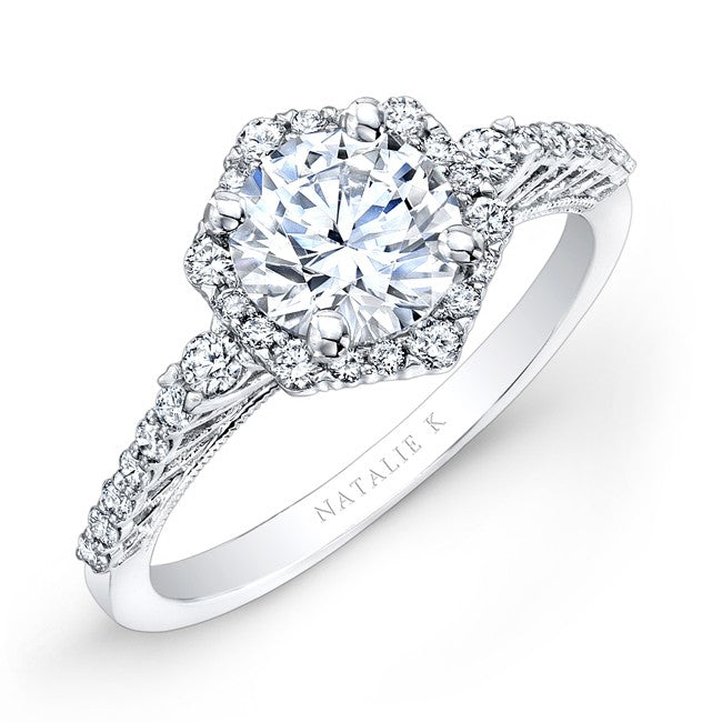 Natalie K  18k White Gold Split Shank Square Halo Diamond Engagement Ring (center stone sold separately)