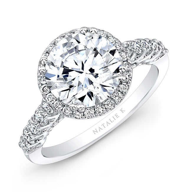 Natalie K  18k White Gold Halo Diamond Engagement Ring with Pear Shaped Side Stones (center stone sold separately)