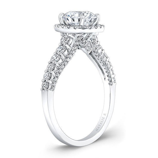 Natalie K  18k White Gold Single Prong Diamond Halo Engagement Ring with Side Stones (center stone sold separately)