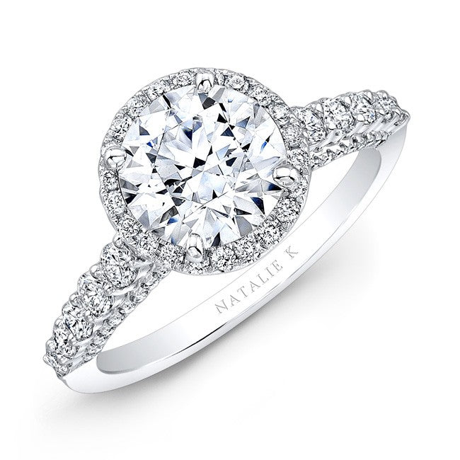 Natalie K  18k White Gold Single Prong Diamond Halo Engagement Ring with Side Stones (center stone sold separately)