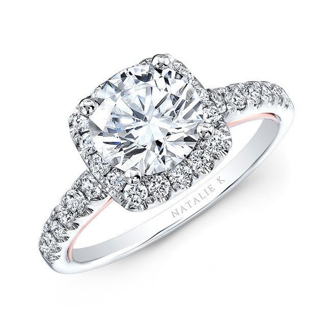 Natalie K  18k White and Rose Gold Pink and White Diamond Halo Engagement Ring (center stone sold separately)