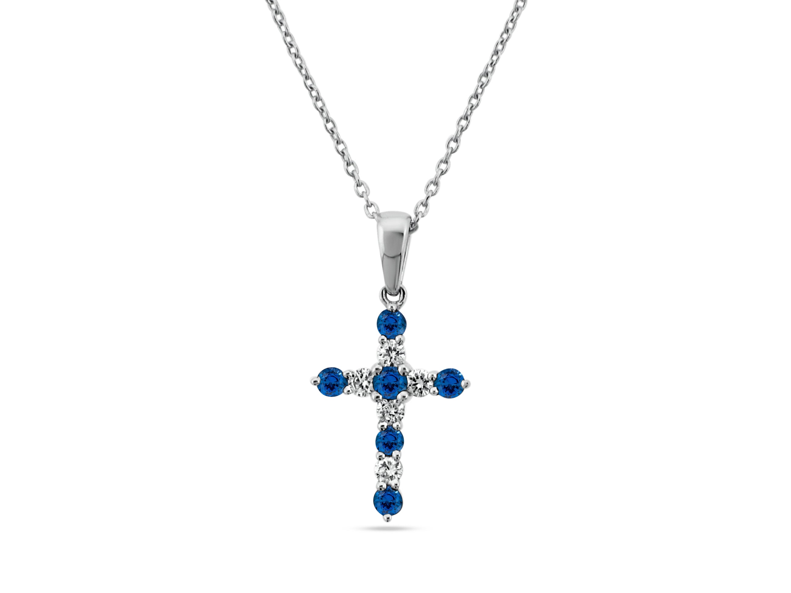 PRIVE'18K WHITE GOLD  .20CT A+ SAPPHIRE AND DIAMOND CROSS PENDANT .10CT VS CLARITY AND G COLOR DIAMONDS - CABLE CHAIN INCLUDED