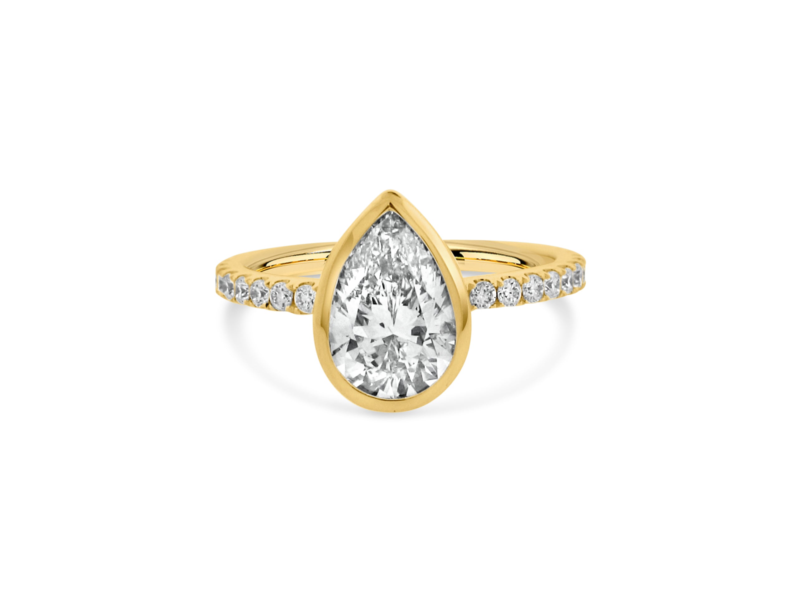 PRIVE' 18K YELLOW GOLD 1.70CT SI1 CLARITY AND F COLOR PEAR SHAPED SWAROVSKI LAB GROWN DIAMOND WITH .28CT NATURAL VS/SI-G ACCENT NATURAL DIAMONDS.