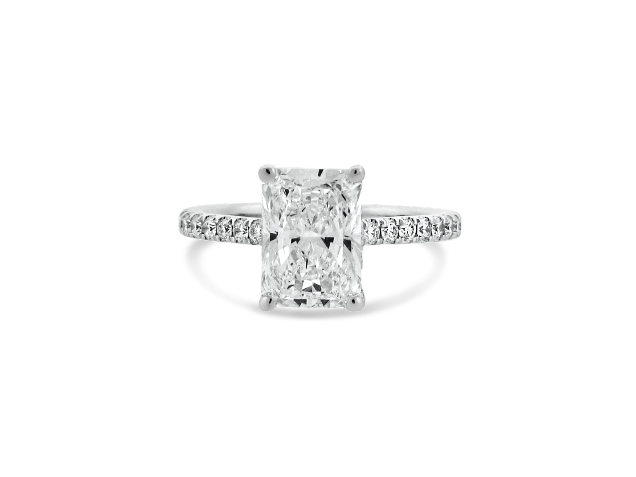 PRIVE' 18K WHITE GOLD 2.59CT VS2 CLARITY AND F COLOR  RADIANT CUT SWAROVSKI LAB GROWN DIAMOND SURROUNDED BY .50CT SI/F NATURAL DIAMOND ACCENTS.  CERTIFIED EXCELLENT CUT GRADE.